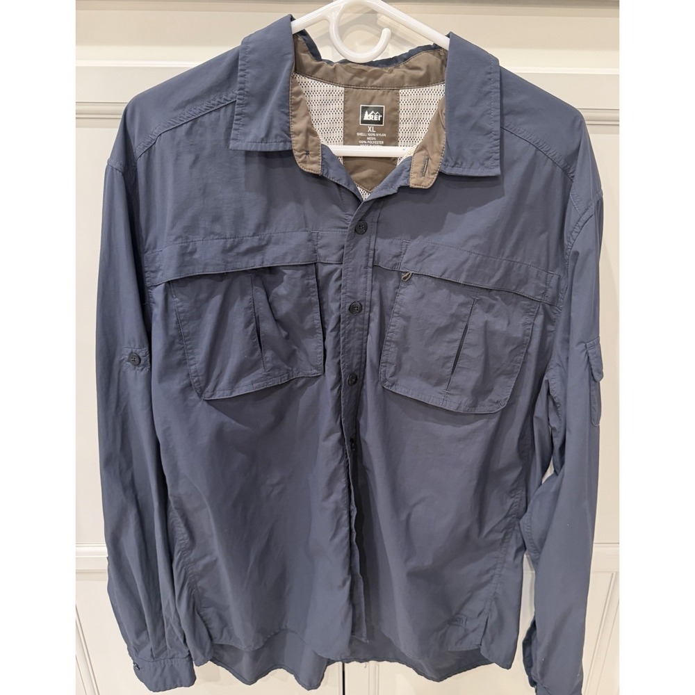 REI CO-OP Dark Grayish Blue SAHARA SNAP-UP SHIRT Nylon Quick Dry Vent Pockets XL